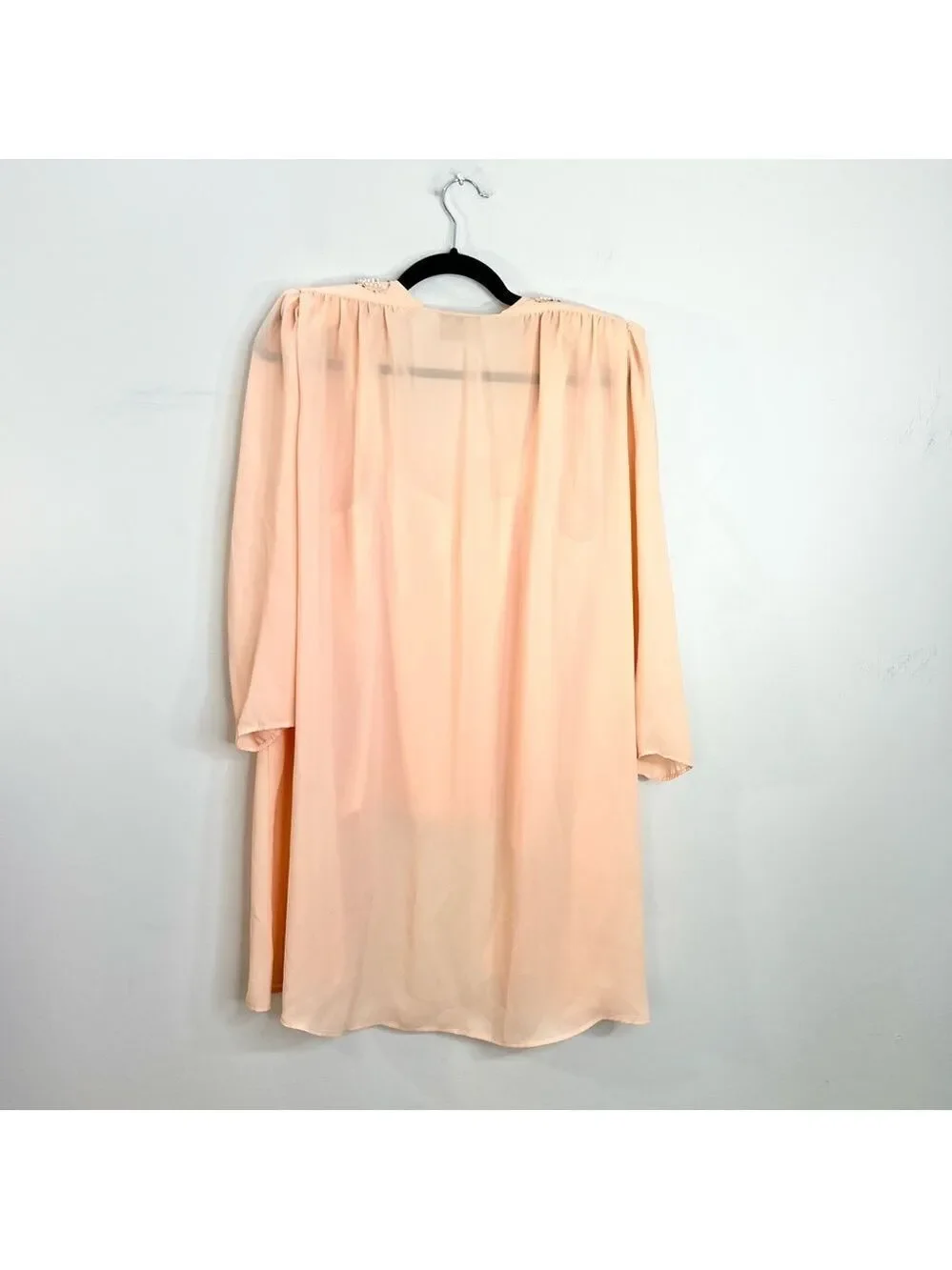 Vintage 80s union made beaded peach chiffon open jacket cami skirt set suit 16 - Picture 6 of 17